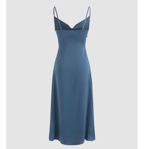 NWT SOLID COWL NECK SLIT MIDI DRESS side row of buttons, Cider in blue size S - Picture 5 of 15